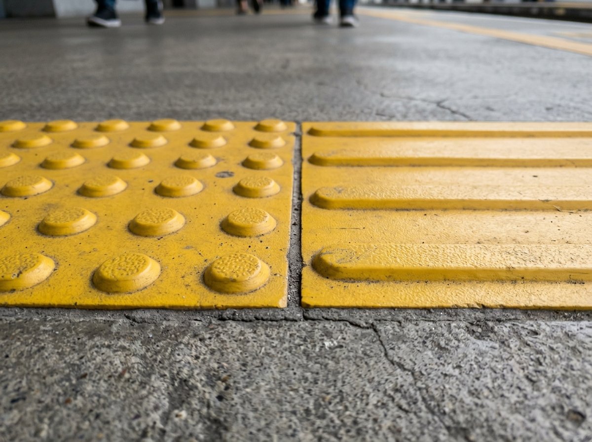 Close-up of guiding linear ridges tiles installed cleanly on building floor
